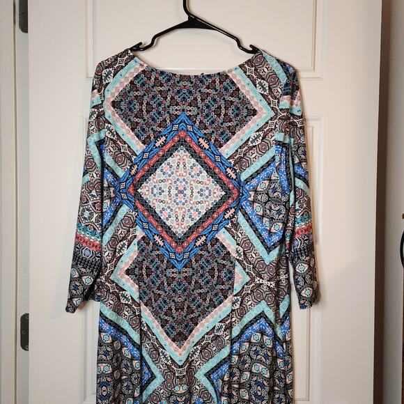 Be by Chetta Womens Dress Knit Sz 16 Black Multi Print Half Sleeve Midi Boho - Picture 5 of 9